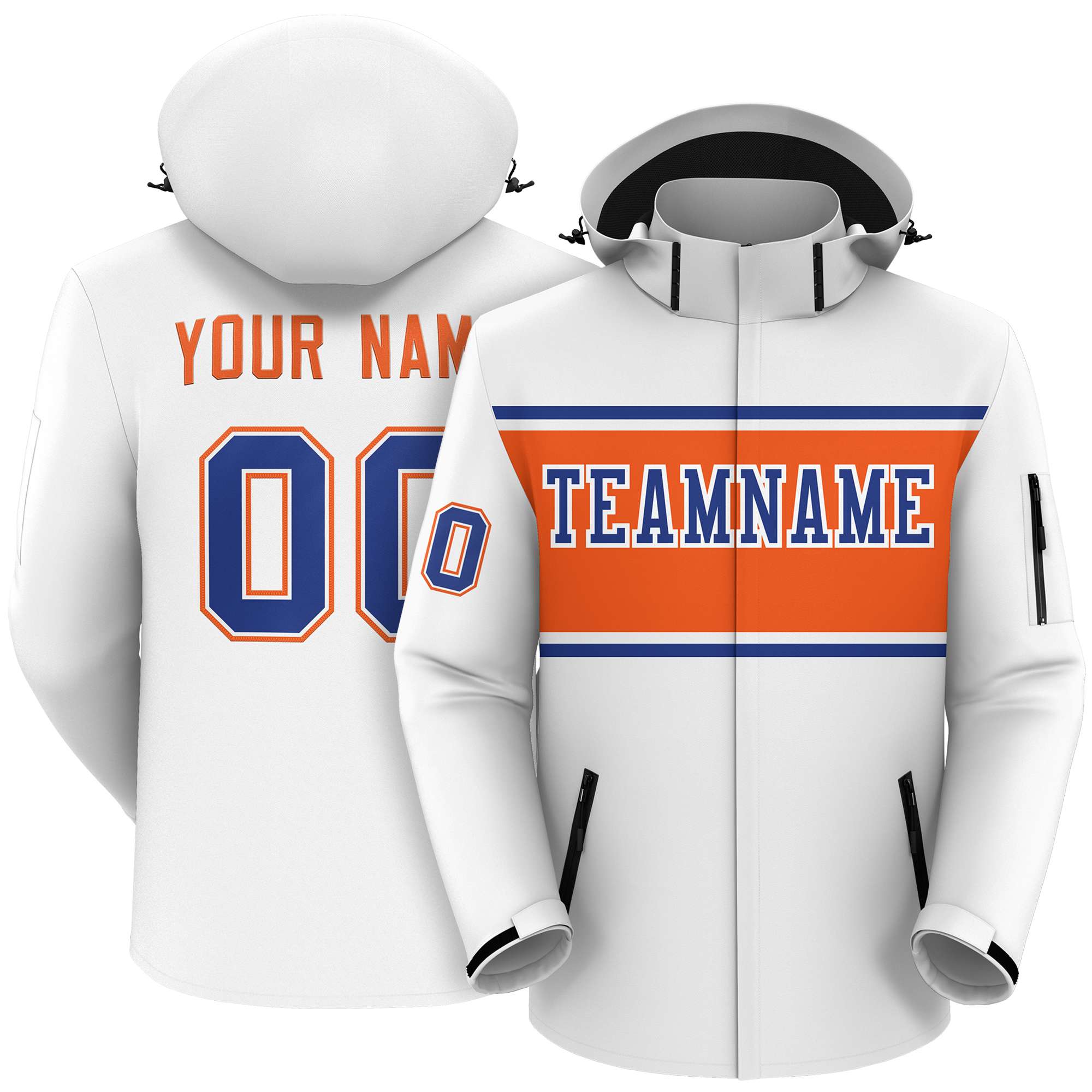 Custom White Royal-Orange Color Block Personalized Outdoor Hooded Waterproof Jacket