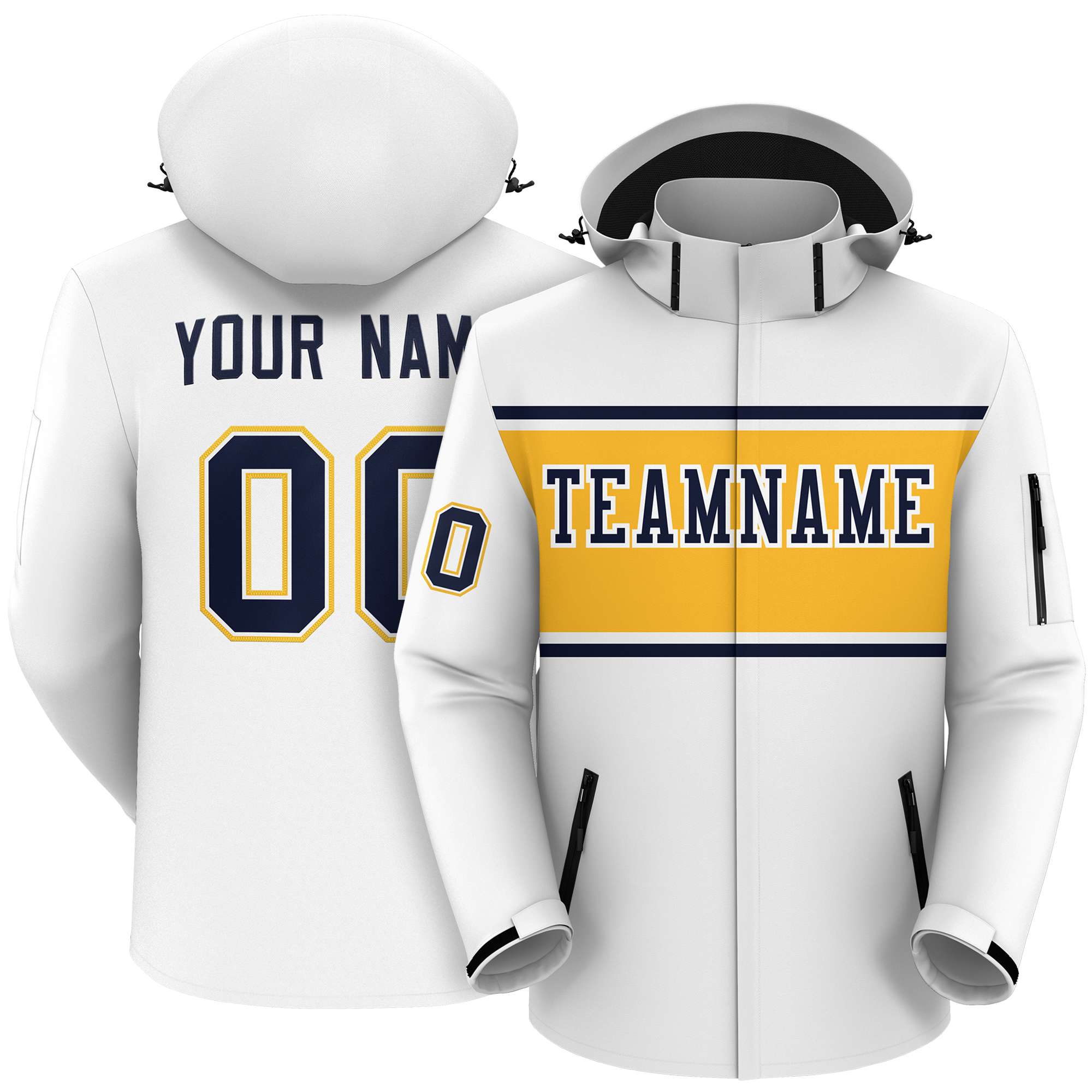 Custom White Navy-Gold Color Block Personalized Outdoor Hooded Waterproof Jacket