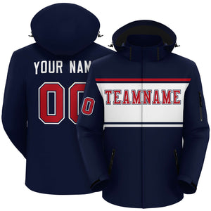 Custom Navy Red-White Color Block Personalized Outdoor Hooded Waterproof Jacket