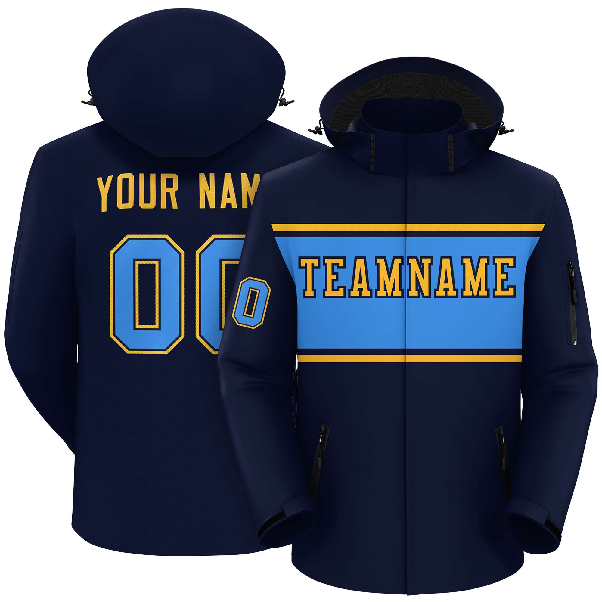 Custom Navy Gold-Powder Blue Color Block Personalized Outdoor Hooded Waterproof Jacket