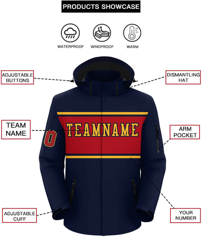 Custom Navy Gold-Red Color Block Personalized Outdoor Hooded Waterproof Jacket