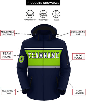 Custom Navy White-Neon Green Color Block Personalized Outdoor Hooded Waterproof Jacket