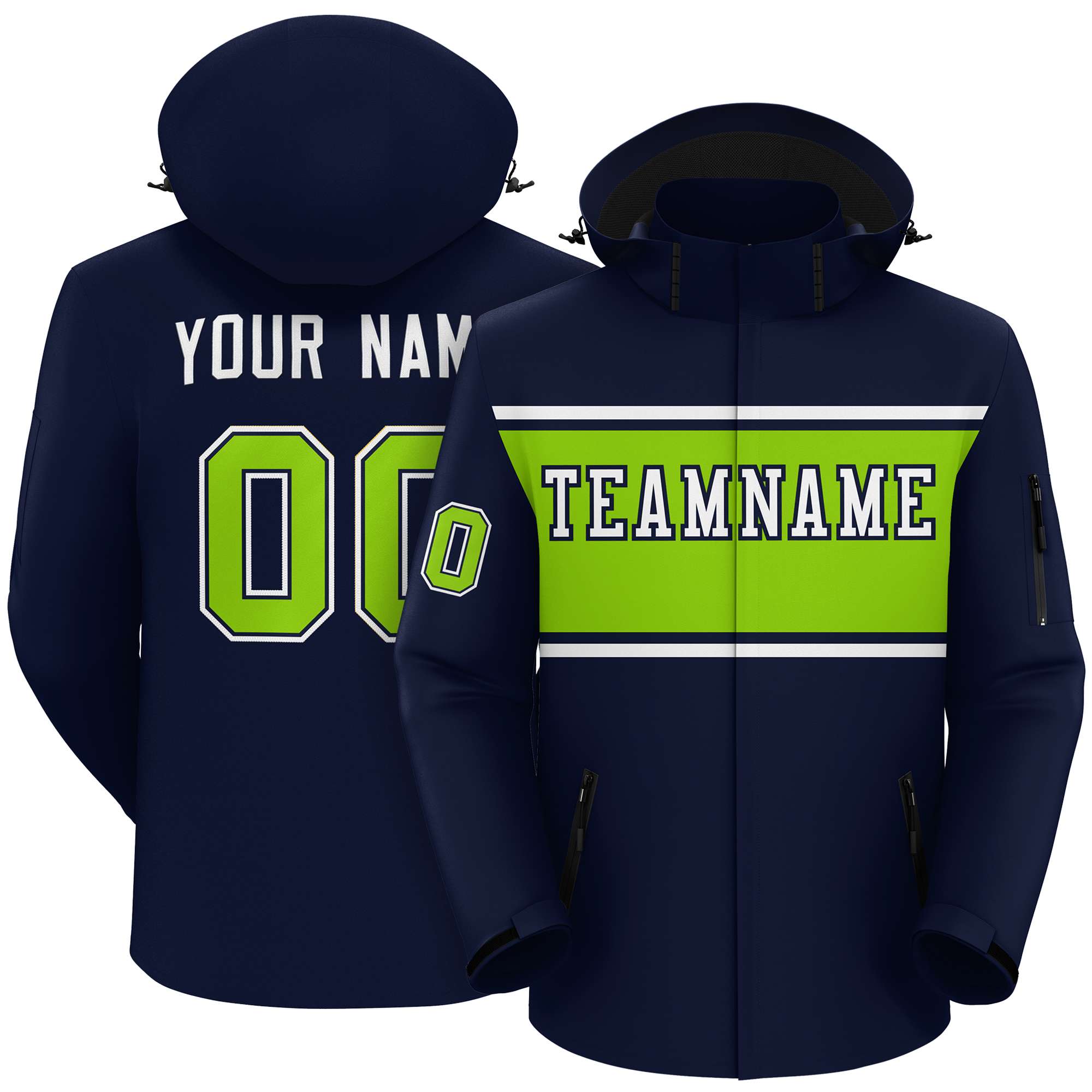 Custom Navy White-Neon Green Color Block Personalized Outdoor Hooded Waterproof Jacket