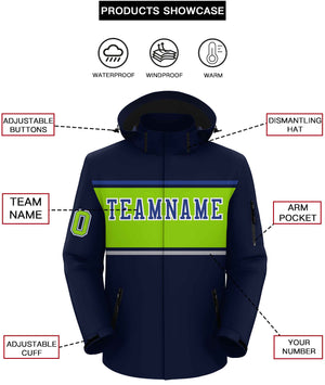 Custom Navy Royal-Neon Green Color Block Personalized Outdoor Hooded Waterproof Jacket