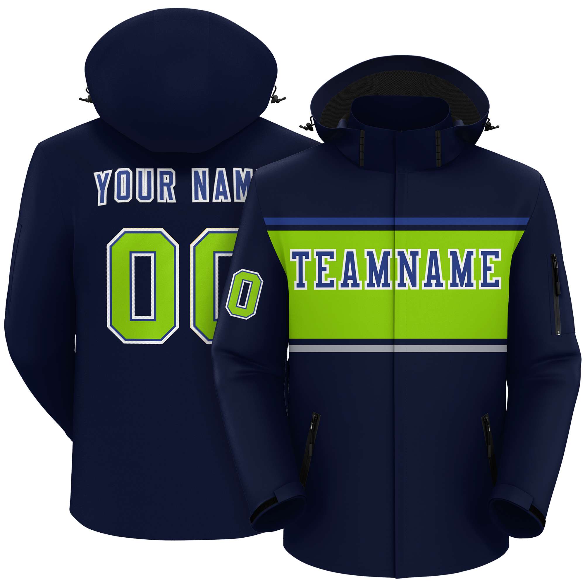 Custom Navy Royal-Neon Green Color Block Personalized Outdoor Hooded Waterproof Jacket