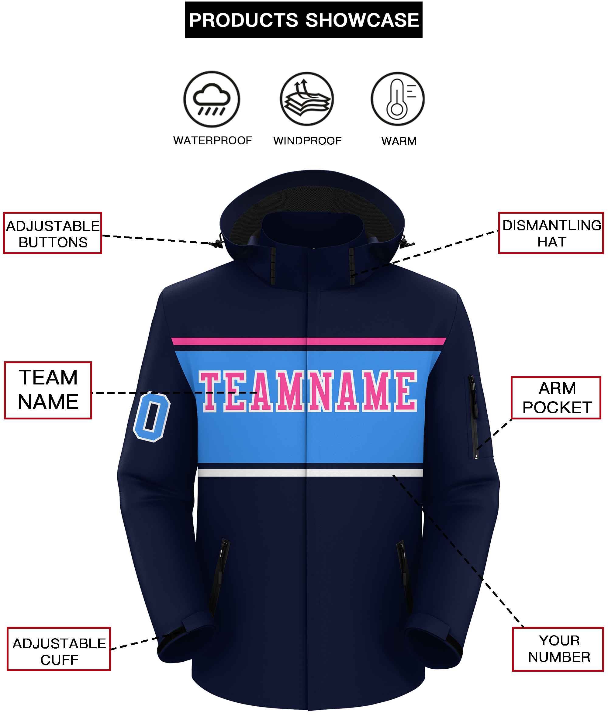 Custom Navy Pink-Powder Blue Color Block Personalized Outdoor Hooded Waterproof Jacket