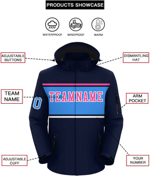 Custom Navy Pink-Powder Blue Color Block Personalized Outdoor Hooded Waterproof Jacket