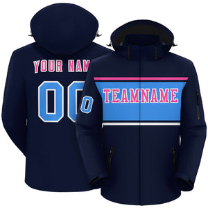 Custom Navy Pink-Powder Blue Color Block Personalized Outdoor Hooded Waterproof Jacket