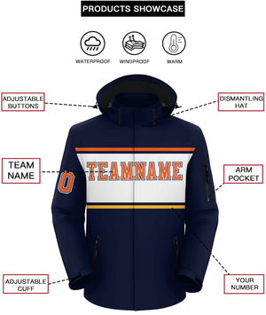 Custom Navy Orange-White Color Block Personalized Outdoor Hooded Waterproof Jacket