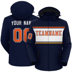 Custom Navy Orange-White Color Block Personalized Outdoor Hooded Waterproof Jacket