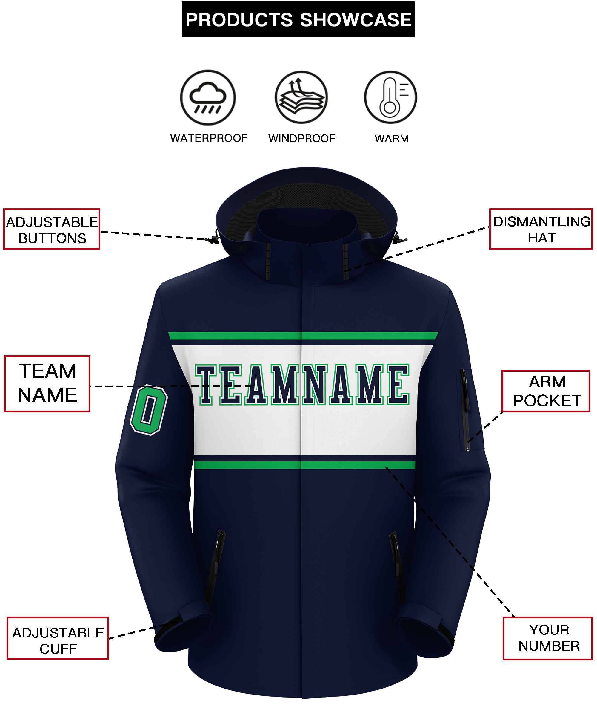 Custom Navy Kelly Green-White Color Block Personalized Outdoor Hooded Waterproof Jacket