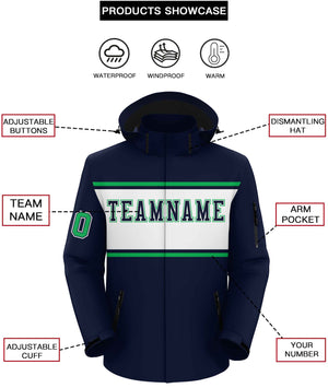 Custom Navy Kelly Green-White Color Block Personalized Outdoor Hooded Waterproof Jacket