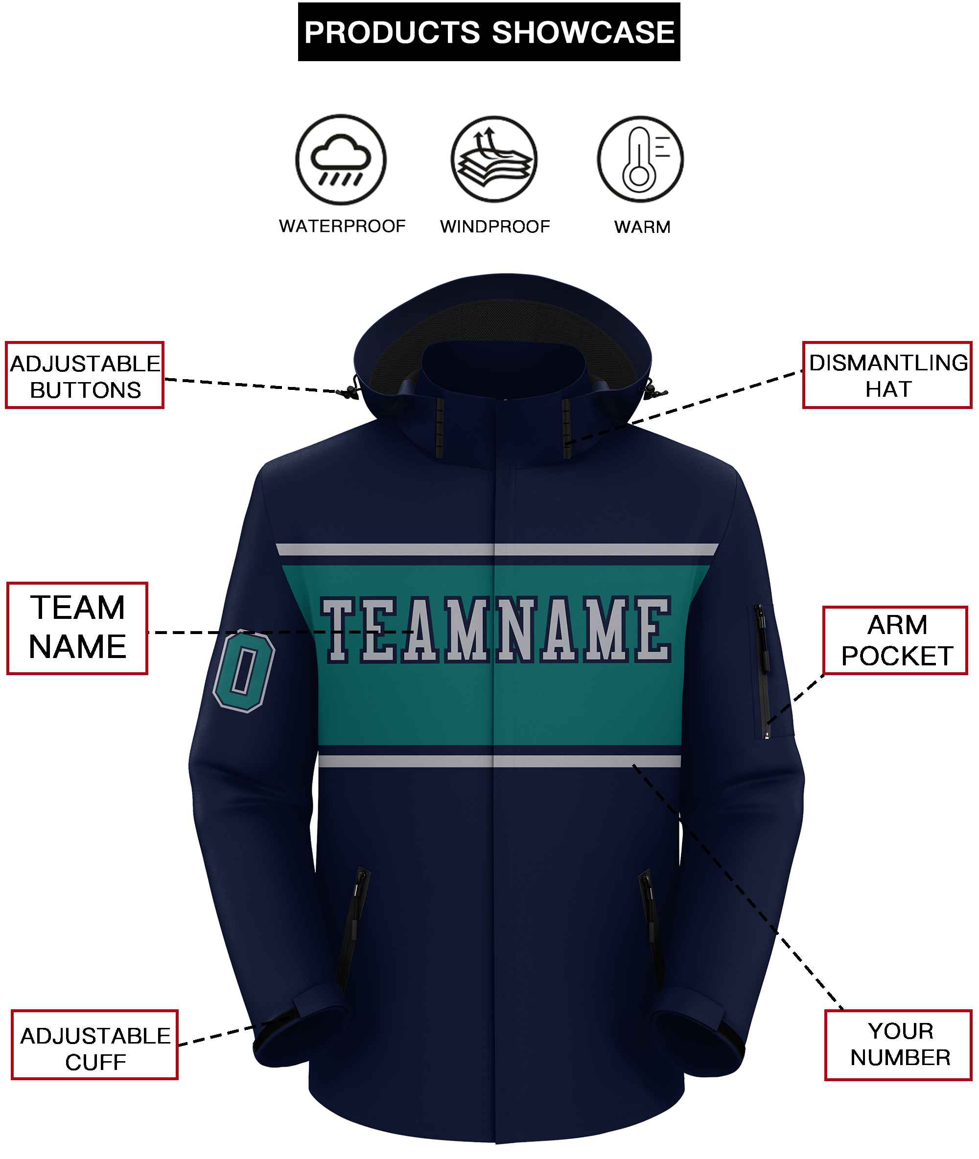 Custom Navy Gray-Aqua Color Block Personalized Outdoor Hooded Waterproof Jacket