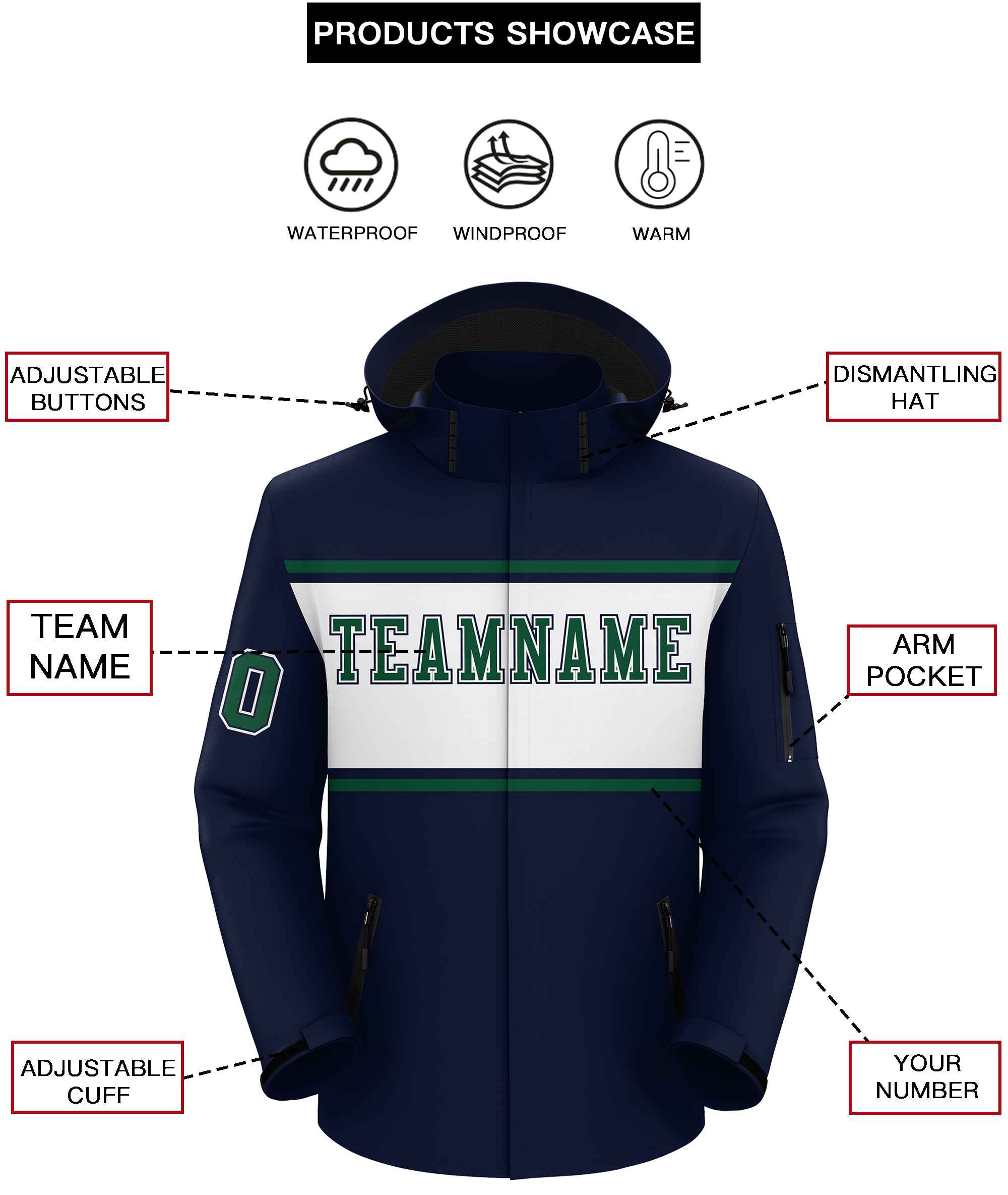 Custom Navy Green-White Color Block Personalized Outdoor Hooded Waterproof Jacket