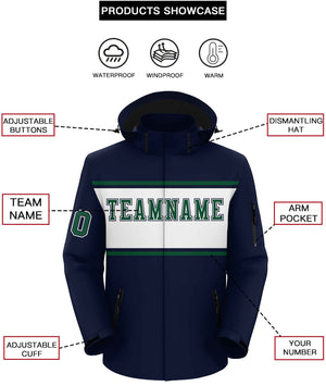 Custom Navy Green-White Color Block Personalized Outdoor Hooded Waterproof Jacket