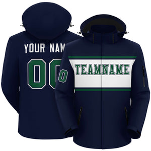 Custom Navy Green-White Color Block Personalized Outdoor Hooded Waterproof Jacket