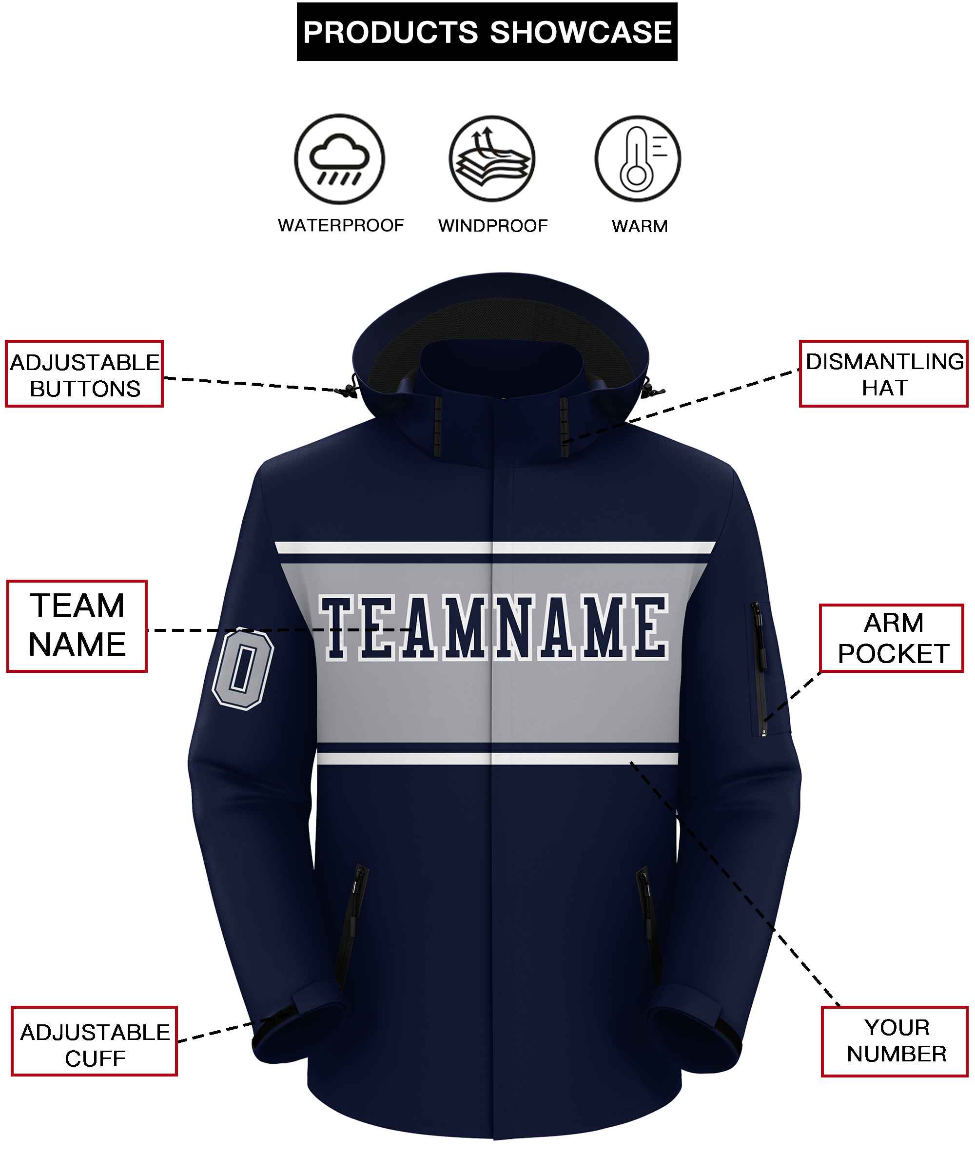 Custom Navy White-Gray Color Block Personalized Outdoor Hooded Waterproof Jacket