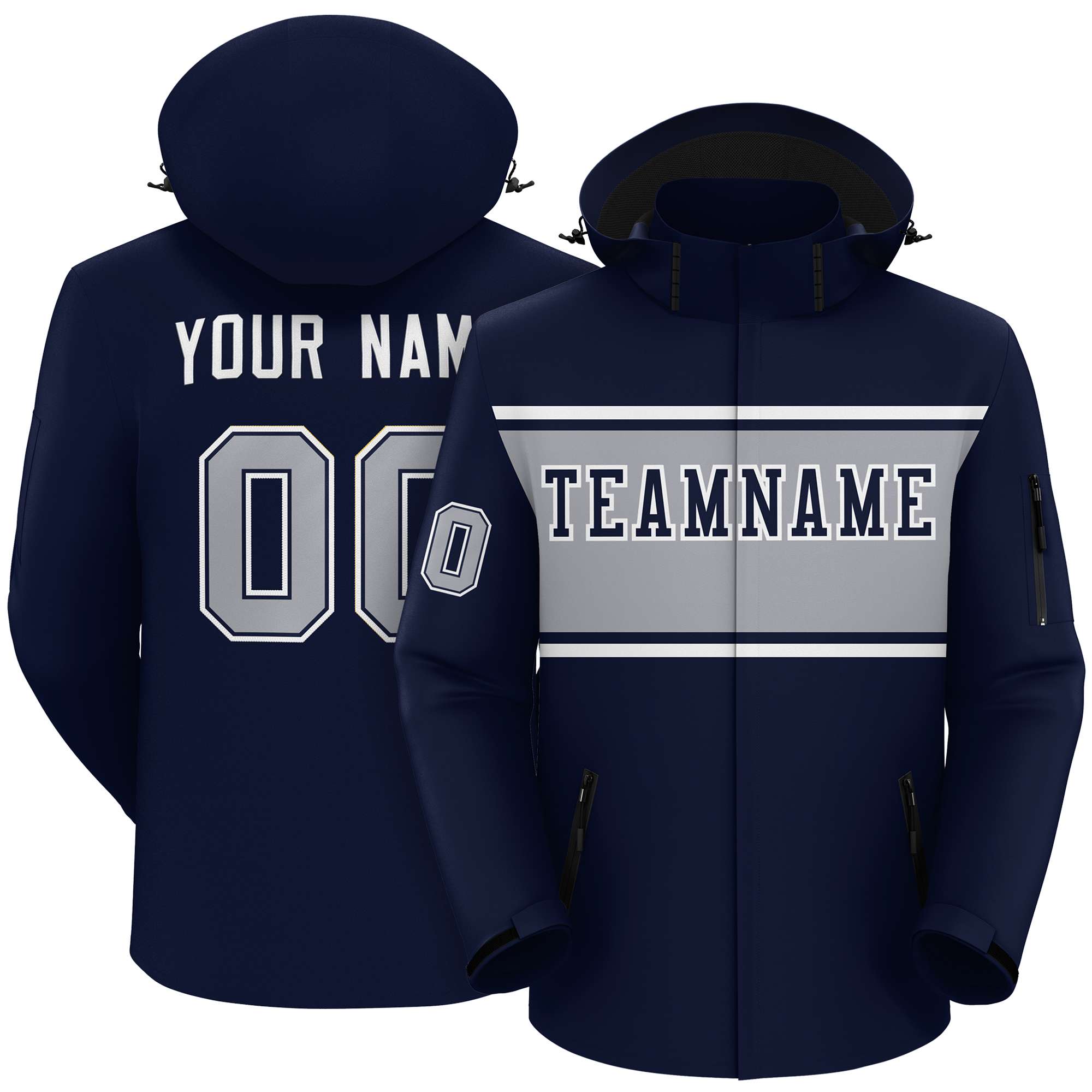 Custom Navy White-Gray Color Block Personalized Outdoor Hooded Waterproof Jacket