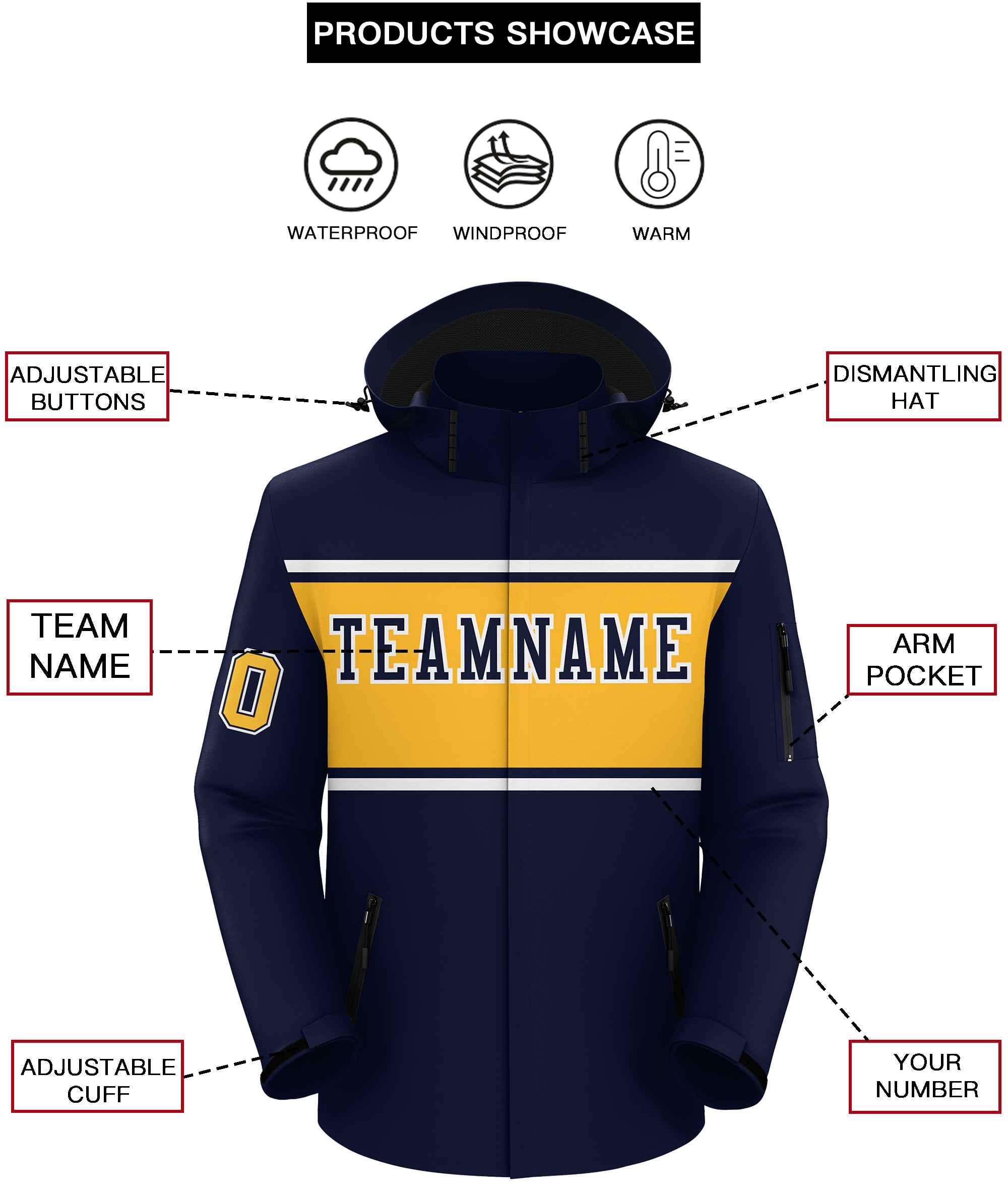 Custom Navy White-Gold Color Block Personalized Outdoor Hooded Waterproof Jacket