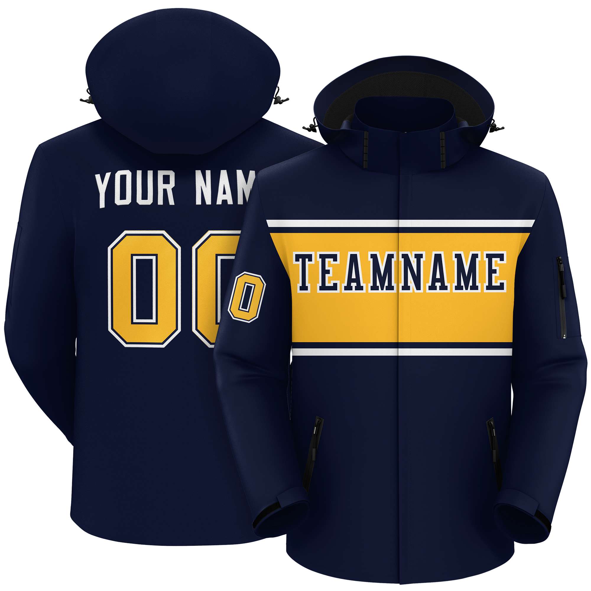 Custom Navy White-Gold Color Block Personalized Outdoor Hooded Waterproof Jacket