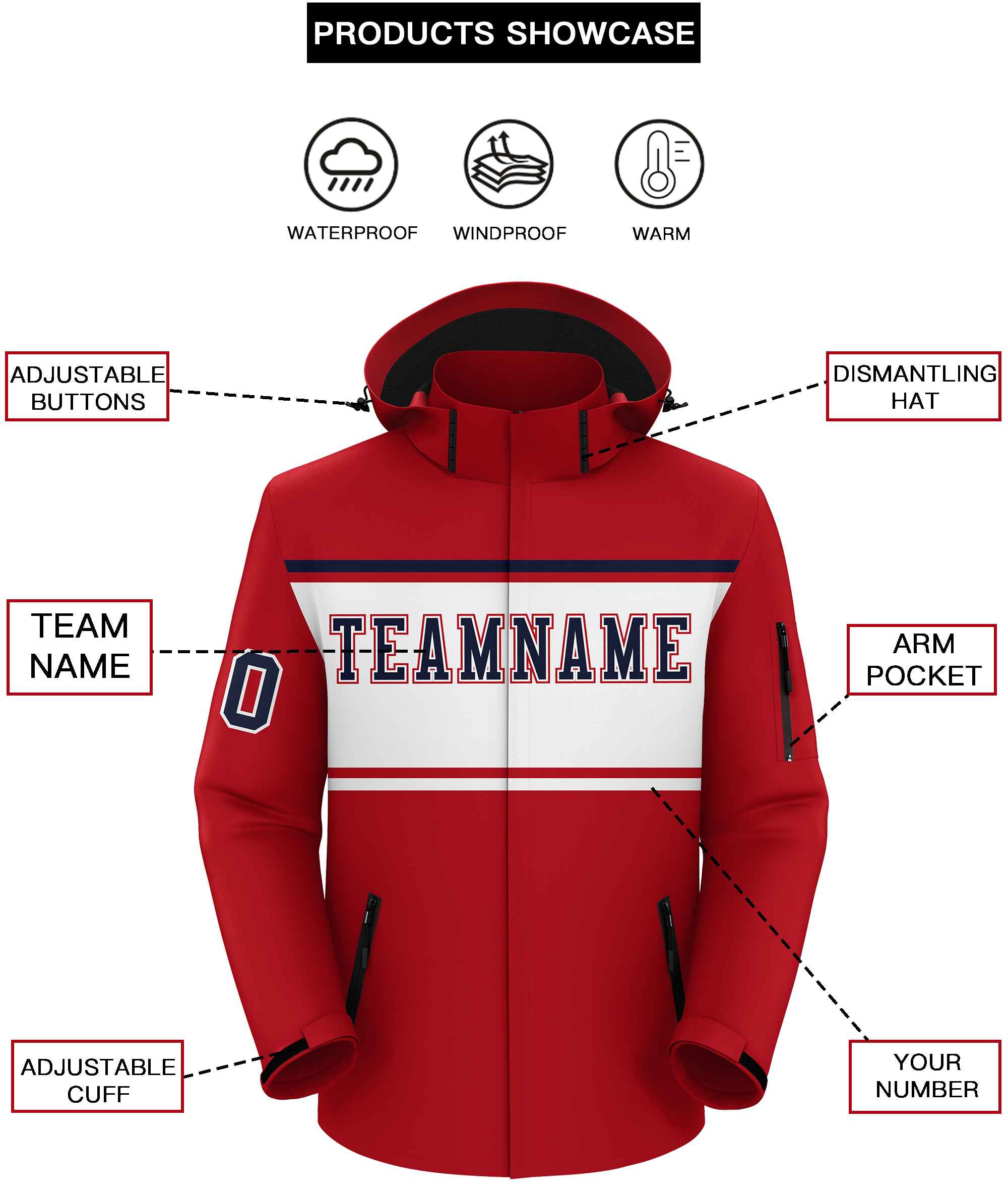 Custom Red Navy-White Color Block Personalized Outdoor Hooded Waterproof Jacket