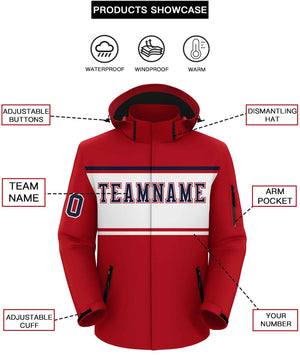 Custom Red Navy-White Color Block Personalized Outdoor Hooded Waterproof Jacket