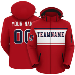 Custom Red Navy-White Color Block Personalized Outdoor Hooded Waterproof Jacket