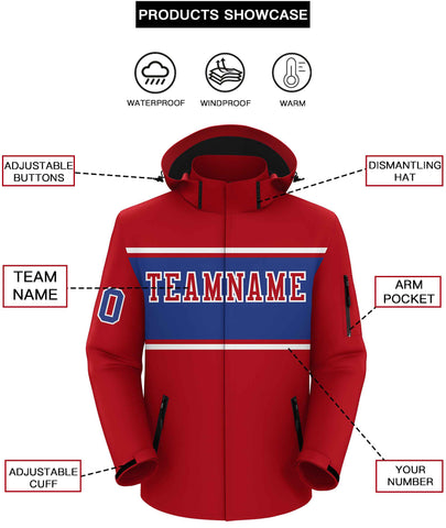 Custom Red White-Royal Color Block Personalized Outdoor Hooded Waterproof Jacket