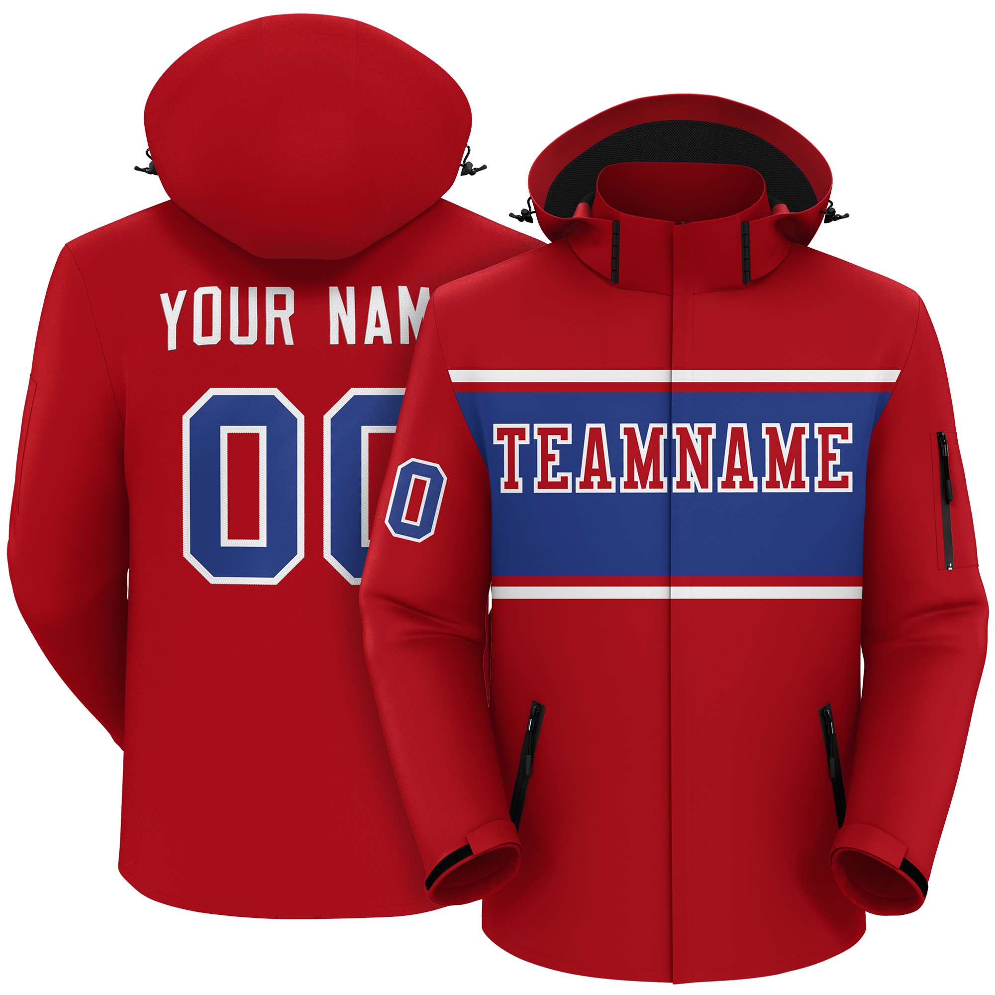 Custom Red White-Royal Color Block Personalized Outdoor Hooded Waterproof Jacket