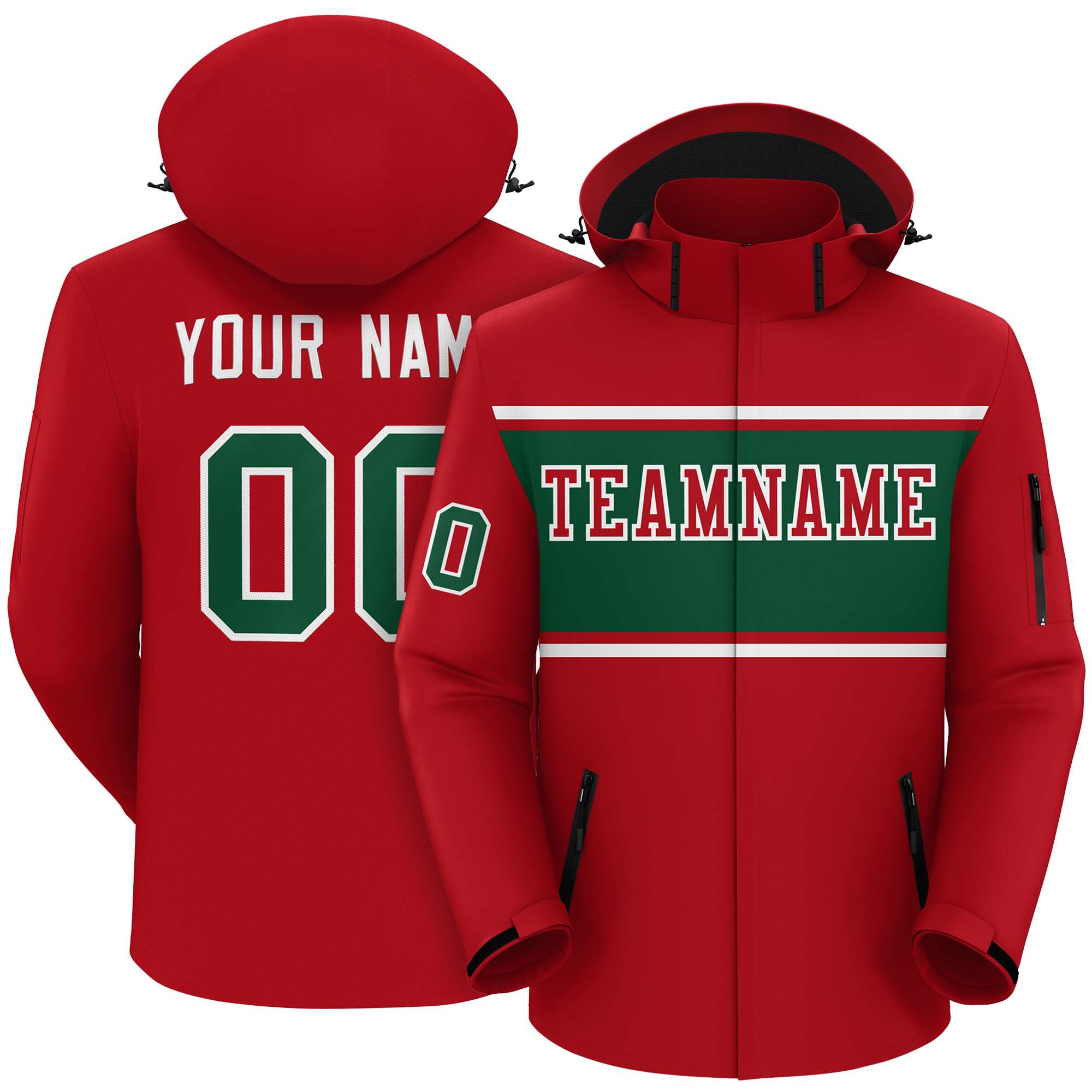 Custom Red White-Green Color Block Personalized Outdoor Hooded Waterproof Jacket