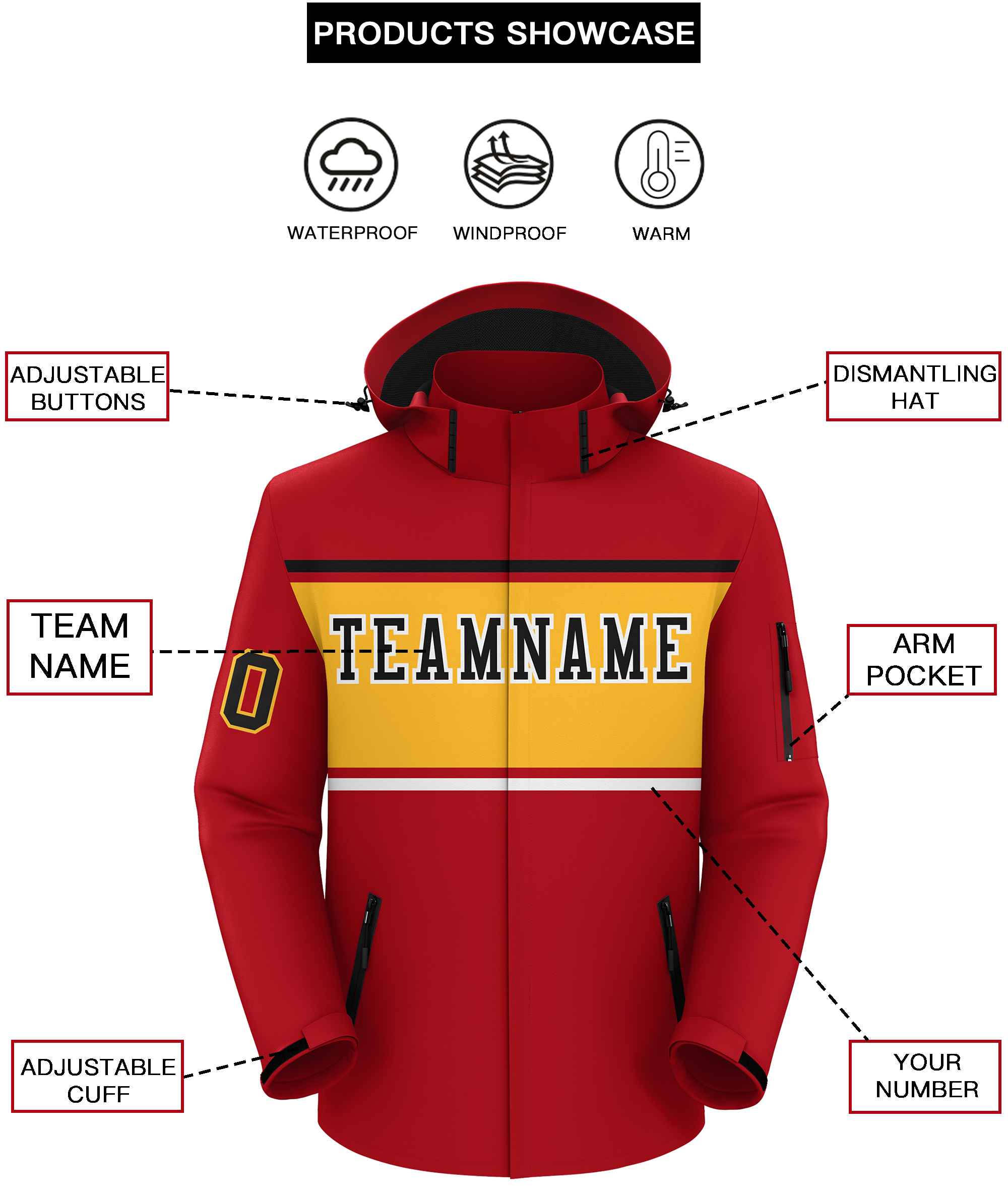 Custom Red Black-Gold Color Block Personalized Outdoor Hooded Waterproof Jacket