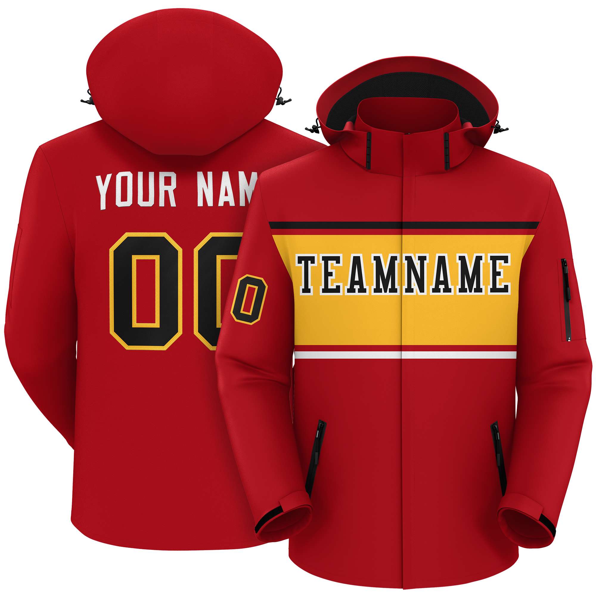 Custom Red Black-Gold Color Block Personalized Outdoor Hooded Waterproof Jacket