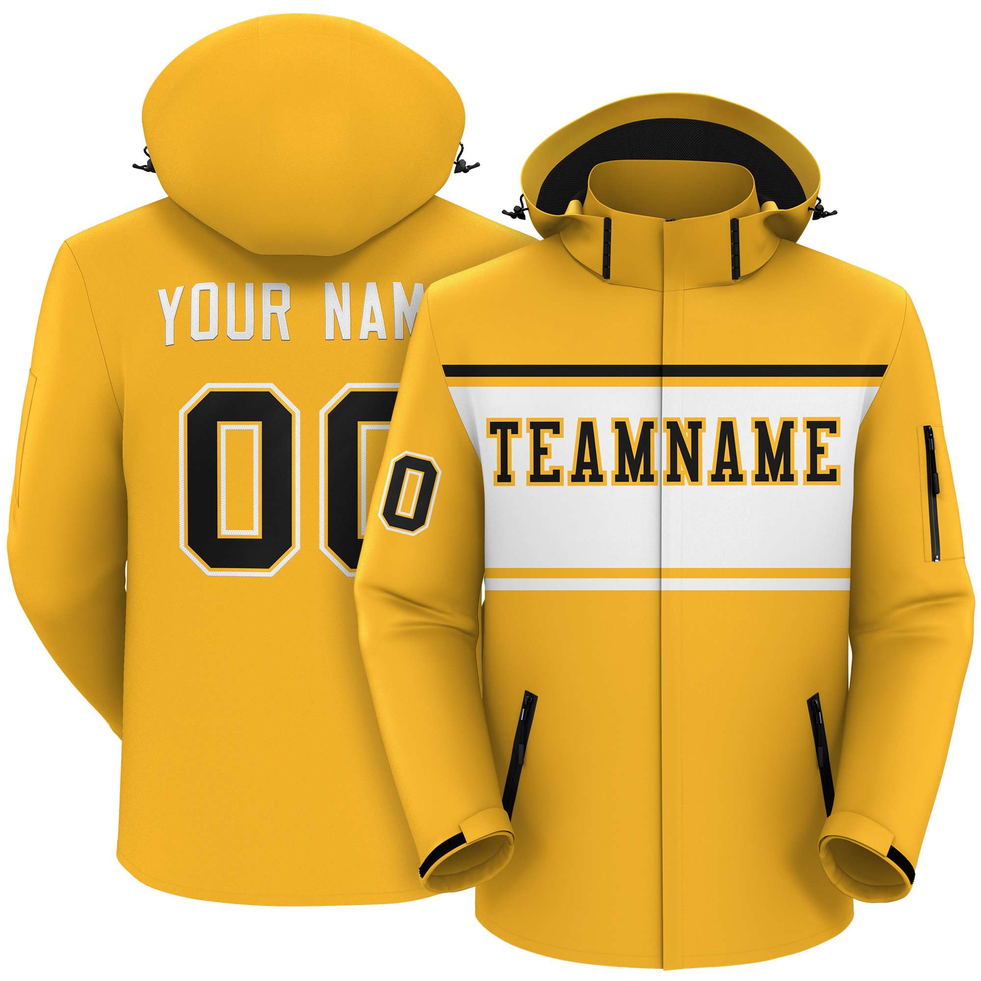 Custom Gold Black-White Color Block Personalized Outdoor Hooded Waterproof Jacket