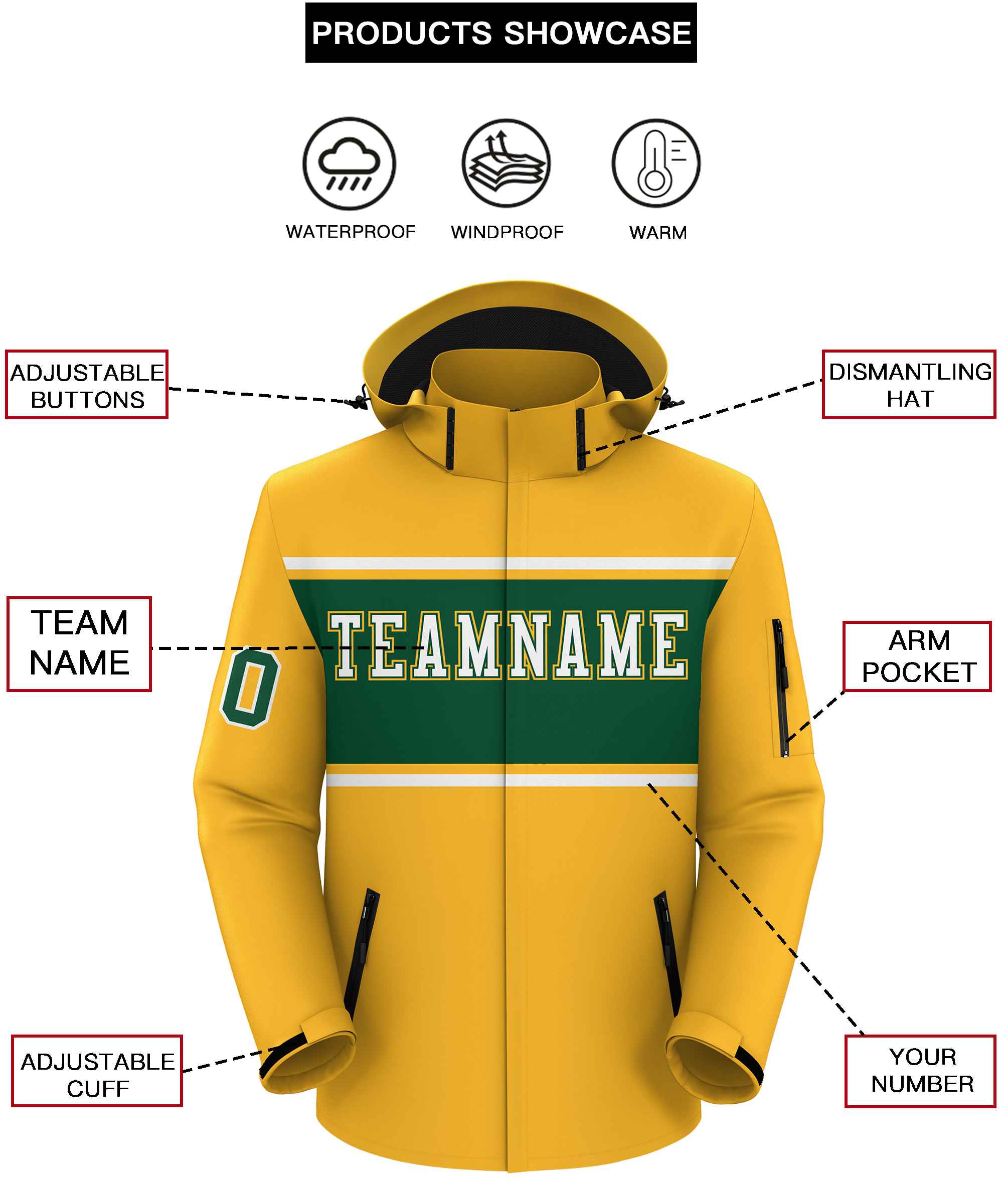 Custom Gold White-Green Color Block Personalized Outdoor Hooded Waterproof Jacket