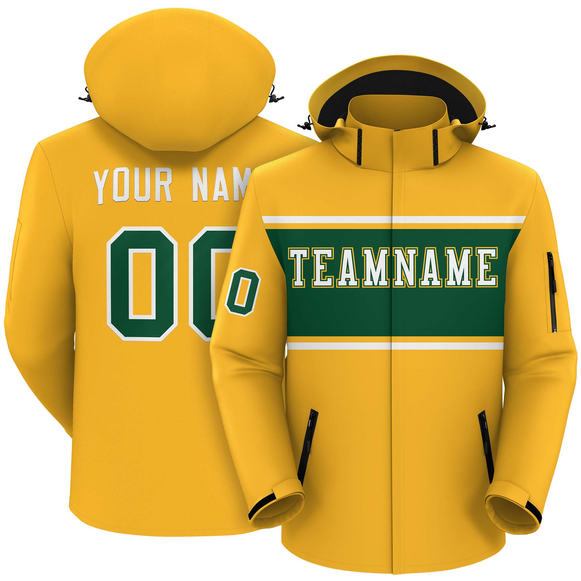 Custom Gold White-Green Color Block Personalized Outdoor Hooded Waterproof Jacket