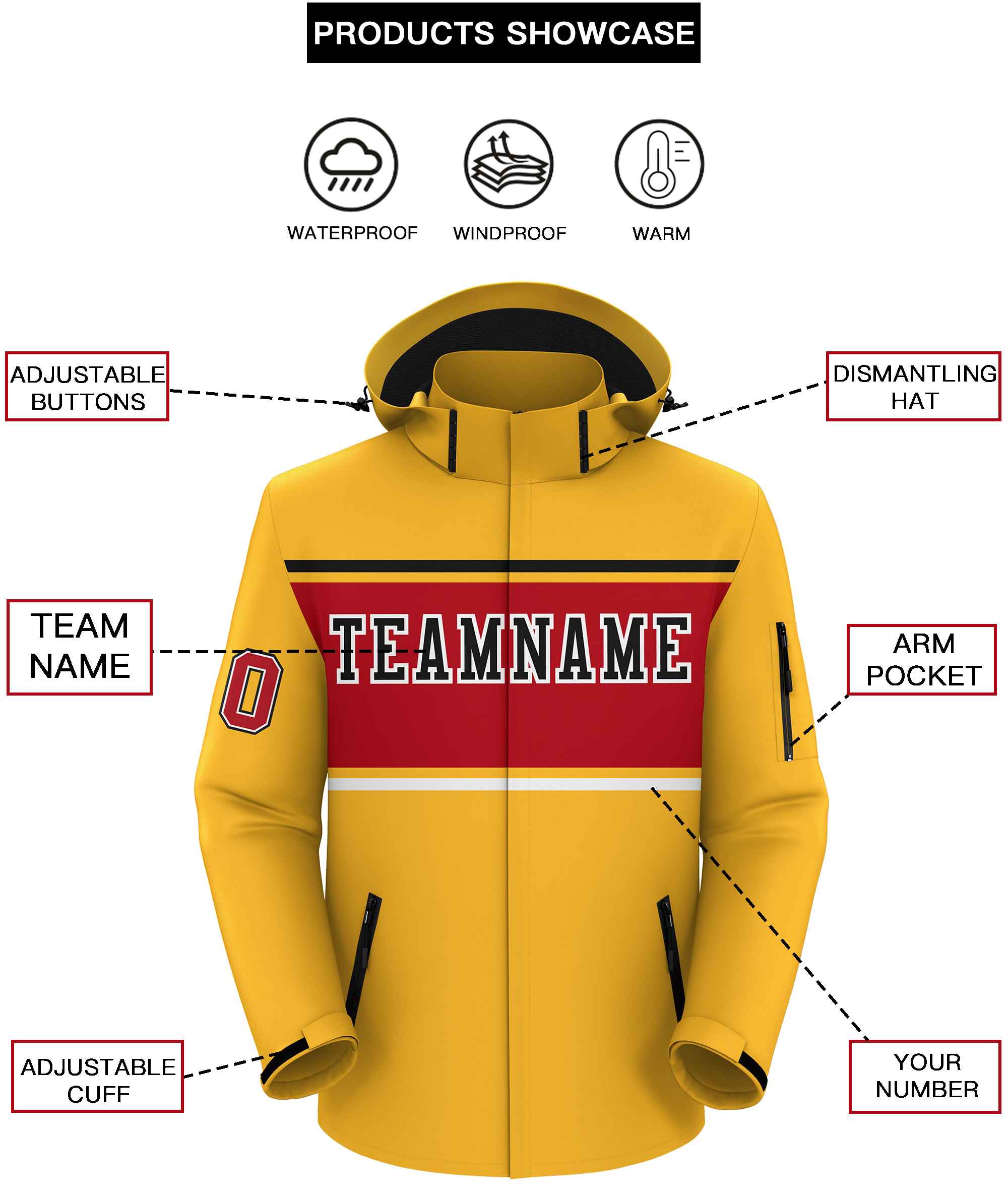 Custom Gold Black-Red Color Block Personalized Outdoor Hooded Waterproof Jacket