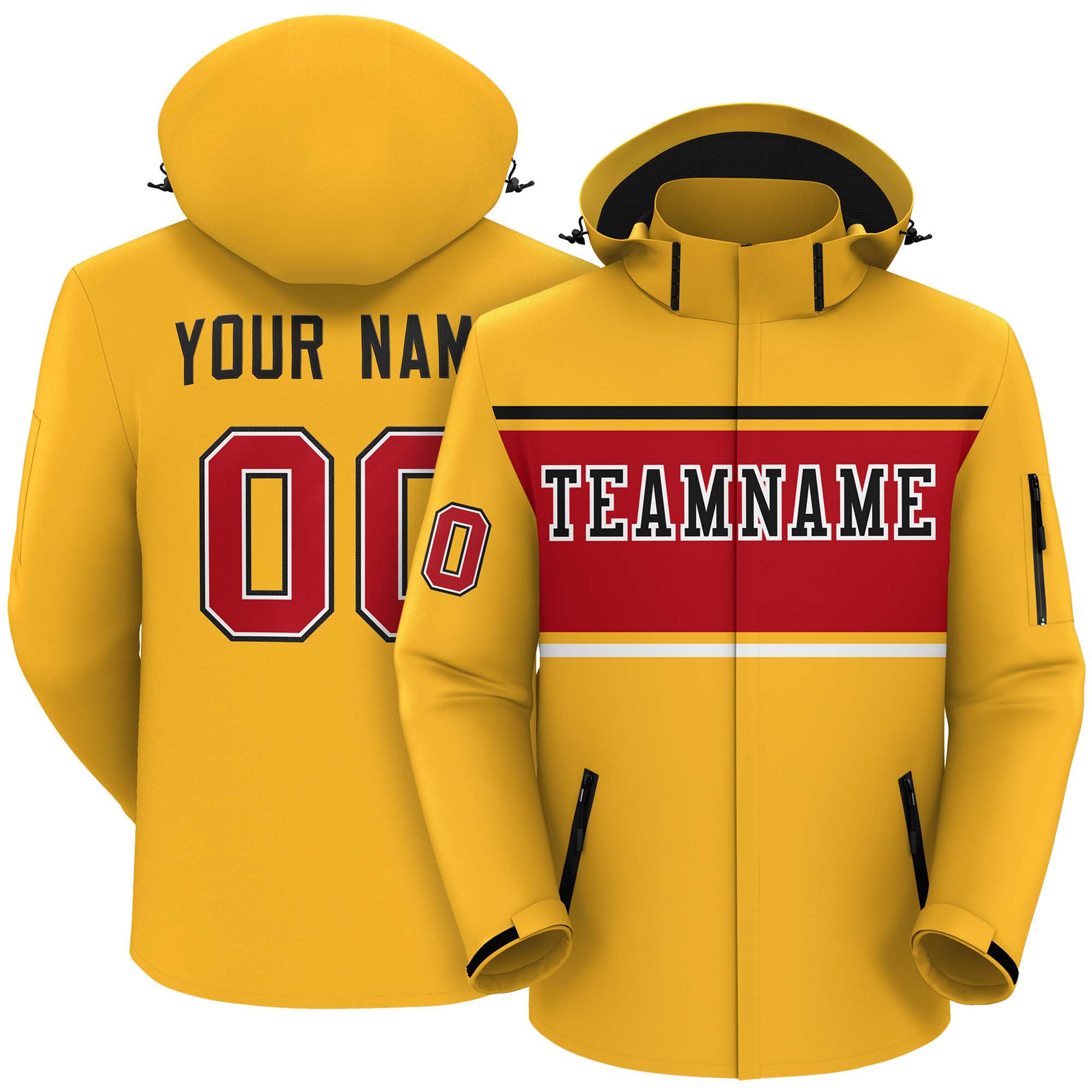 Custom Gold Black-Red Color Block Personalized Outdoor Hooded Waterproof Jacket