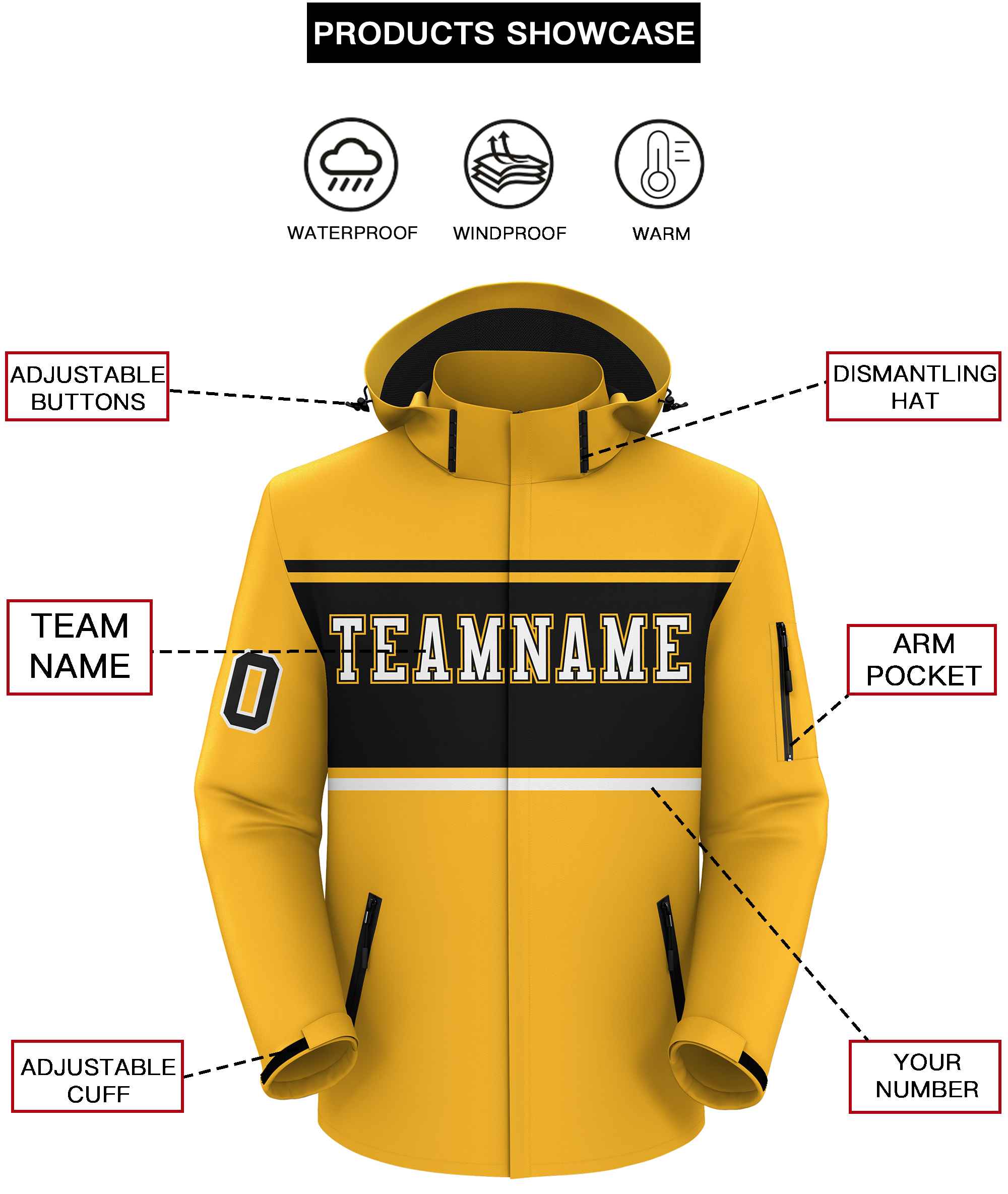 Custom Gold Black-White Color Block Personalized Outdoor Hooded Waterproof Jacket