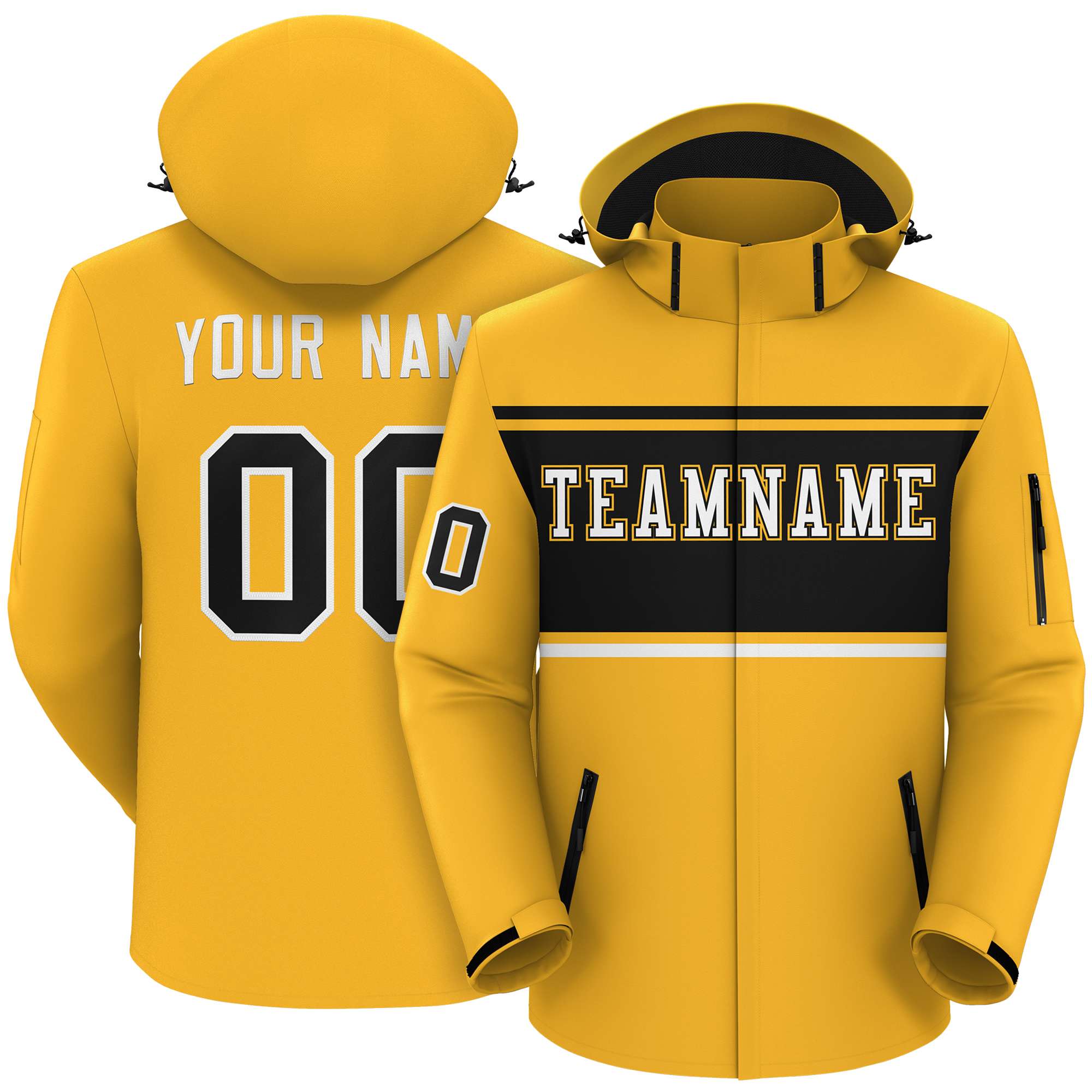 Custom Gold Black-White Color Block Personalized Outdoor Hooded Waterproof Jacket