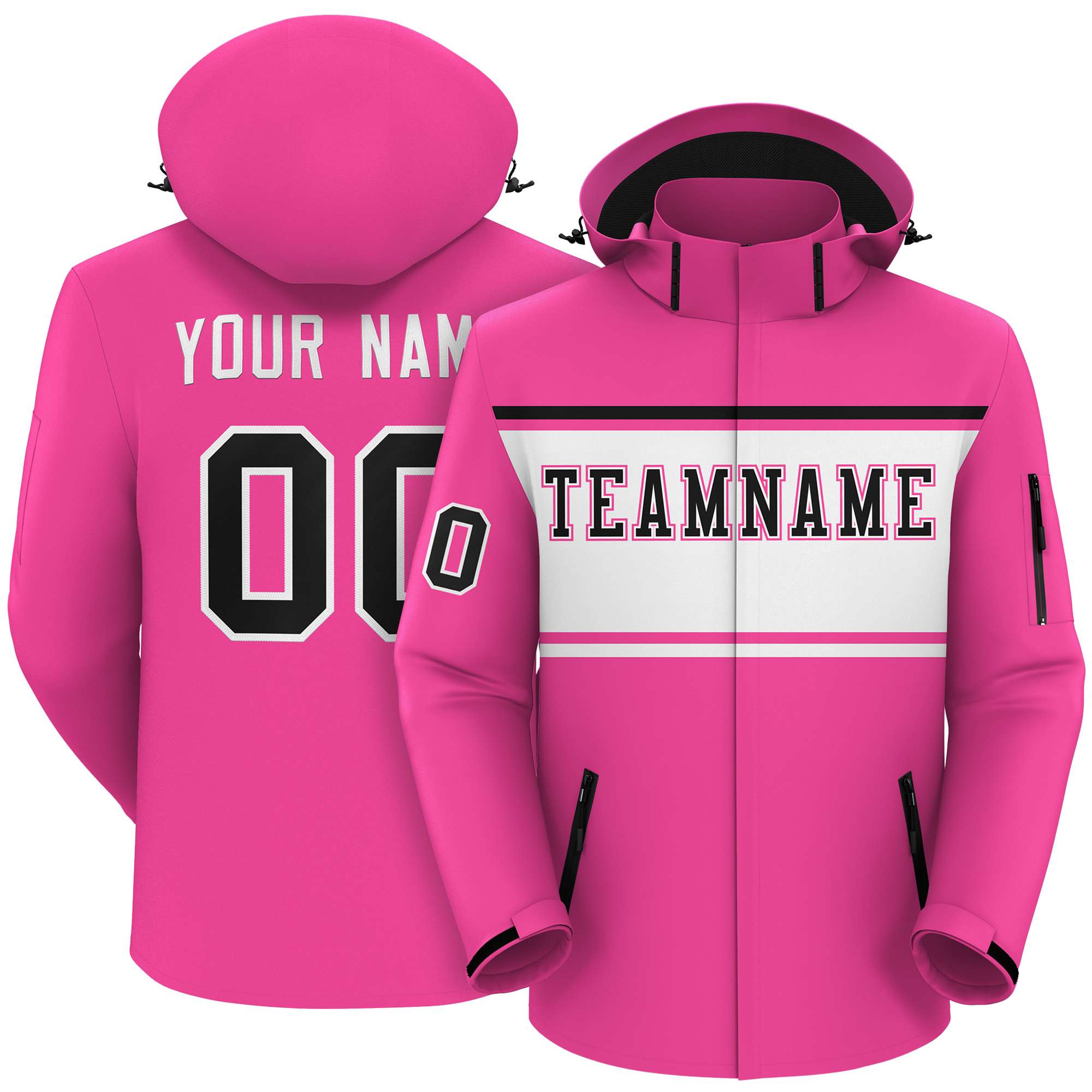 Custom Pink Black-White Color Block Personalized Outdoor Hooded Waterproof Jacket