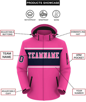 Custom Pink White-Navy Color Block Personalized Outdoor Hooded Waterproof Jacket