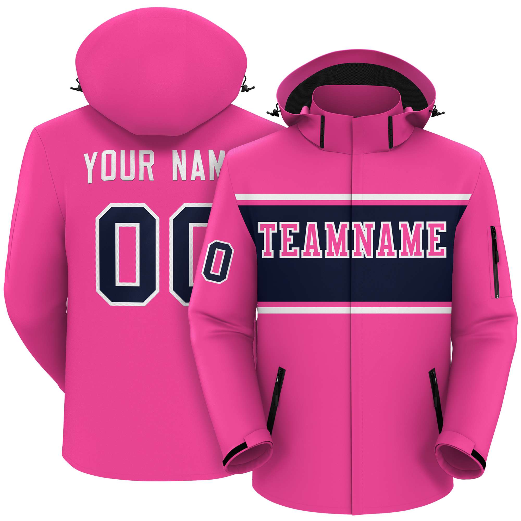 Custom Pink White-Navy Color Block Personalized Outdoor Hooded Waterproof Jacket