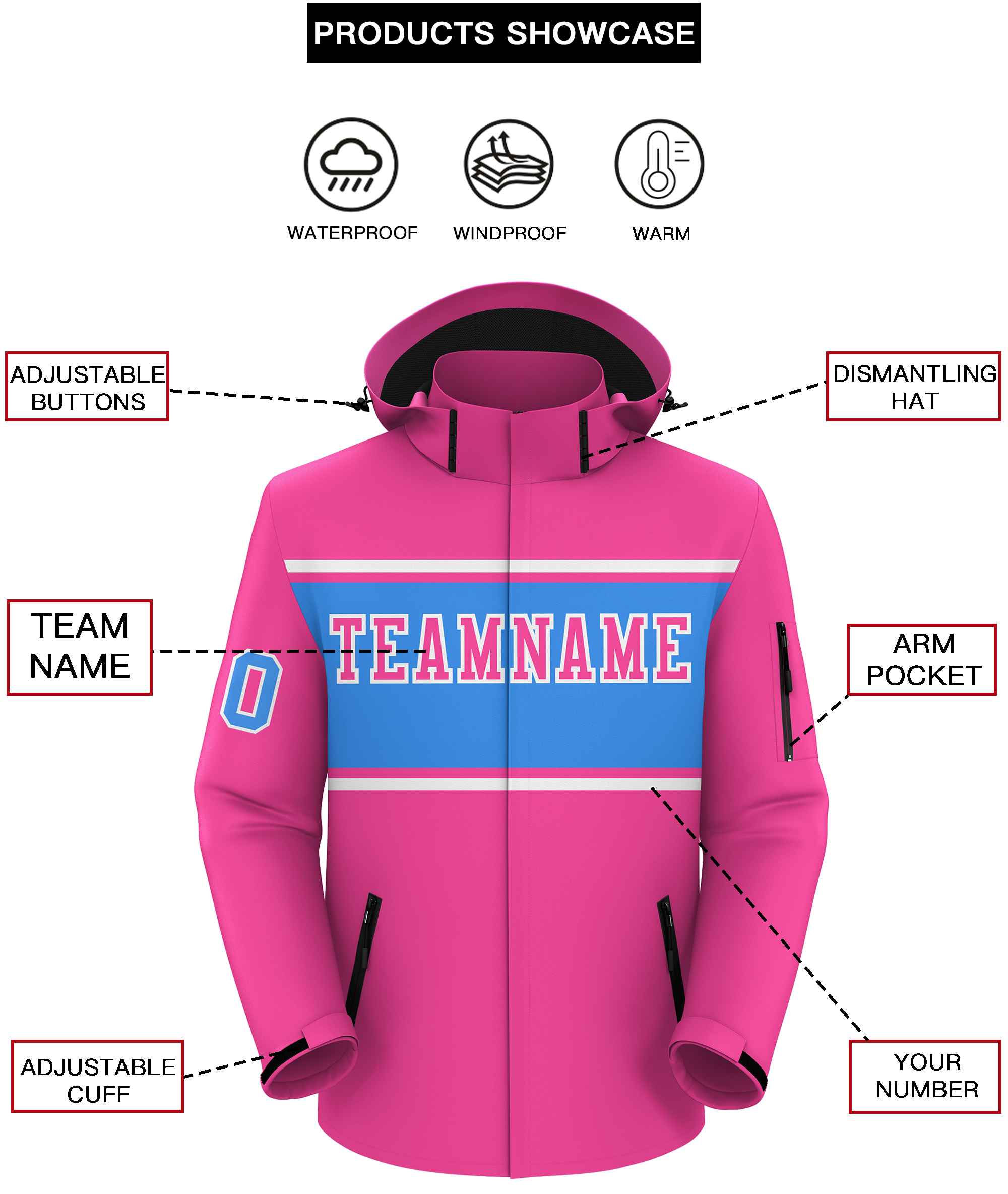 Custom Pink White-Powder Blue Color Block Personalized Outdoor Hooded Waterproof Jacket