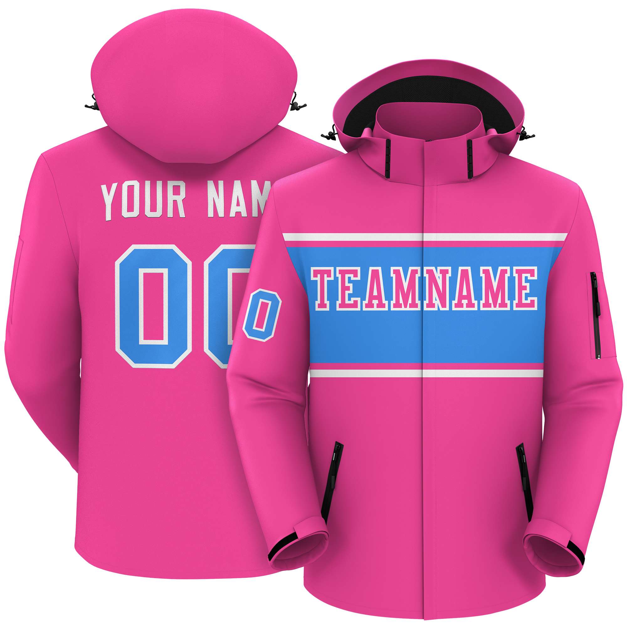 Custom Pink White-Powder Blue Color Block Personalized Outdoor Hooded Waterproof Jacket