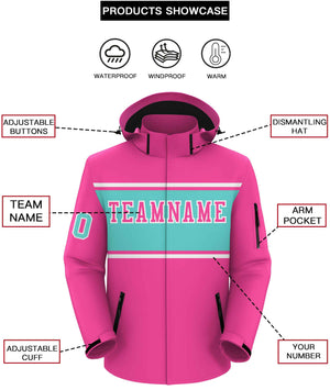 Custom Pink White-Aqua Color Block Personalized Outdoor Hooded Waterproof Jacket