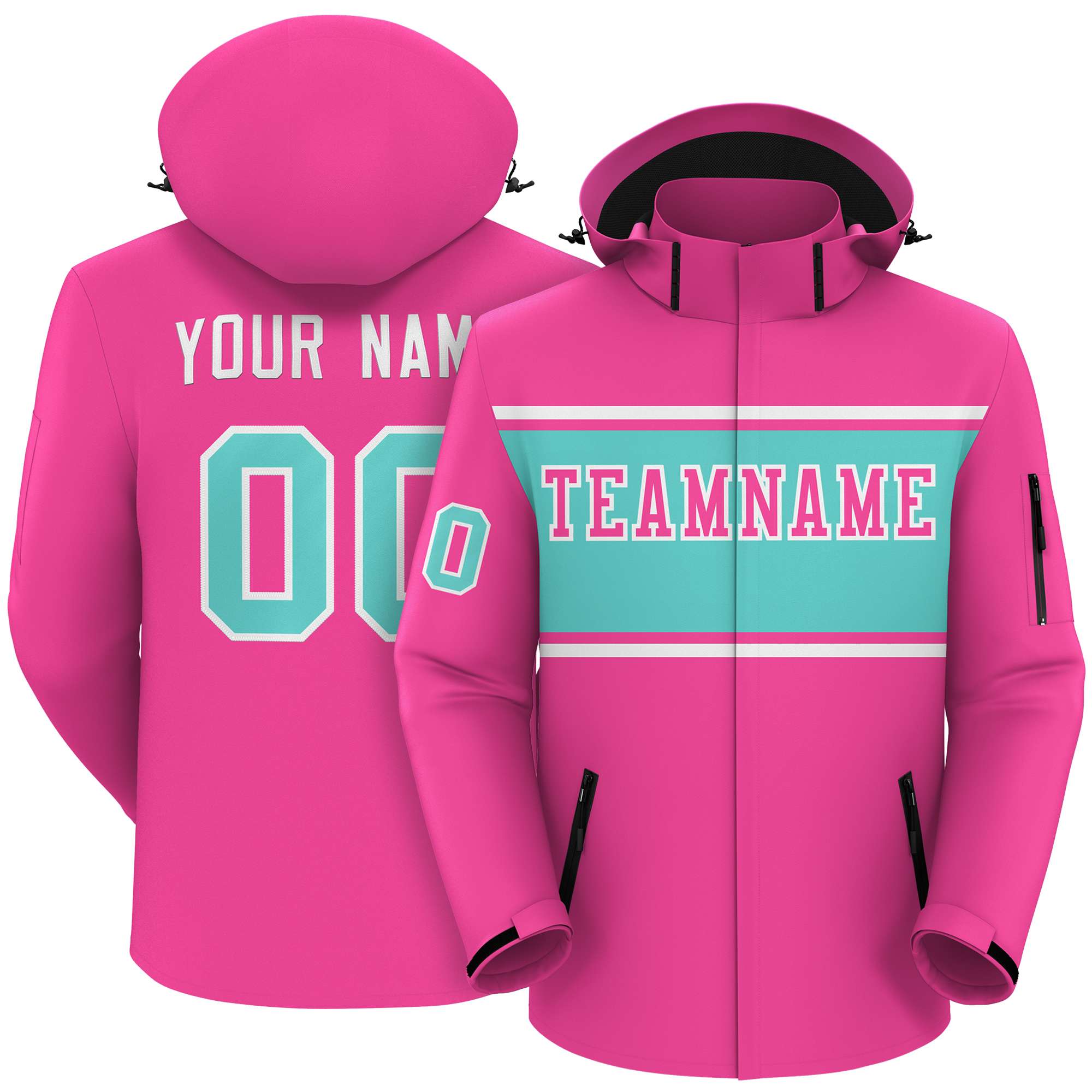 Custom Pink White-Aqua Color Block Personalized Outdoor Hooded Waterproof Jacket