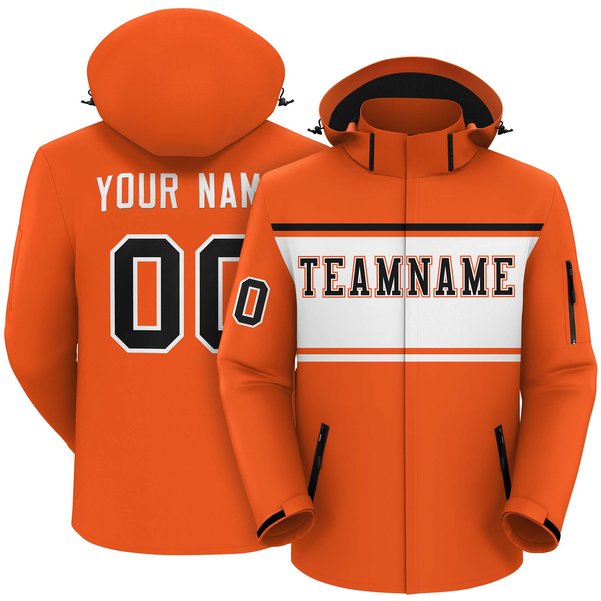 Custom Orange Black-White Color Block Personalized Outdoor Hooded Waterproof Jacket