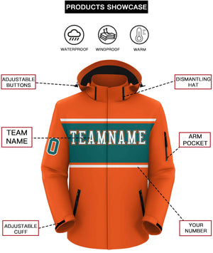 Custom Orange White-Aqua Color Block Personalized Outdoor Hooded Waterproof Jacket