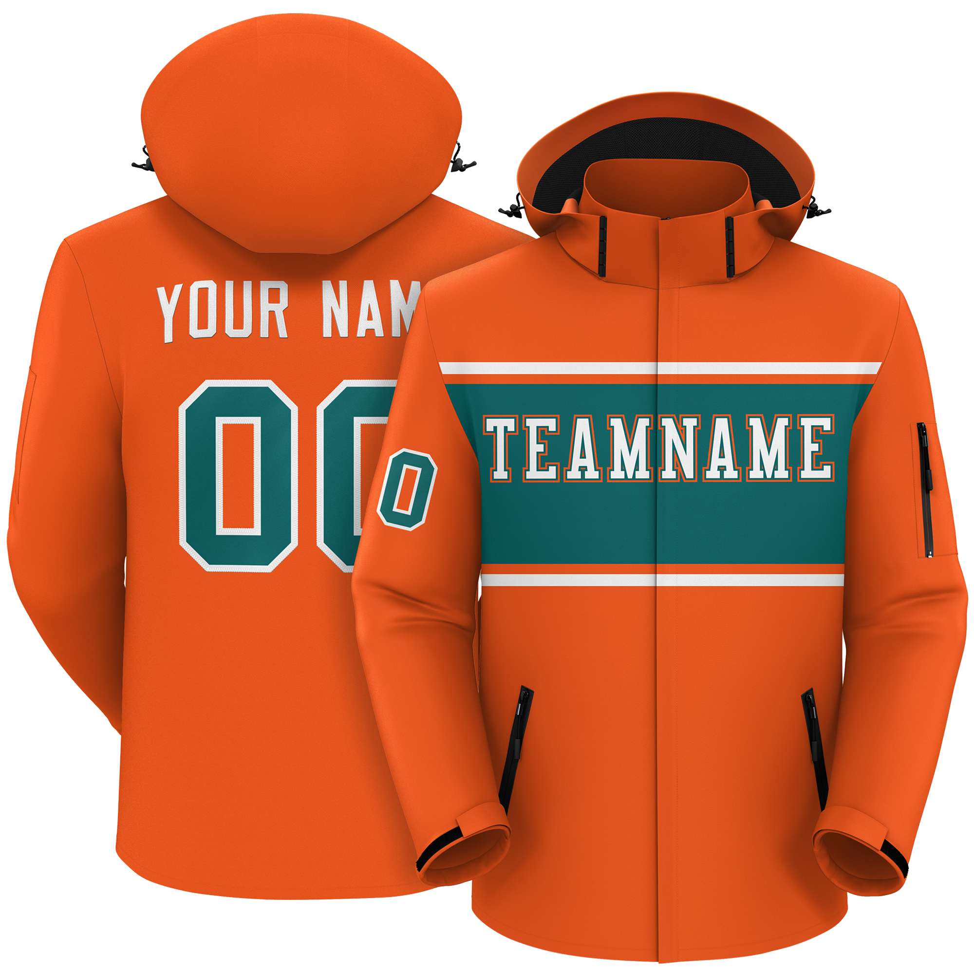 Custom Orange White-Aqua Color Block Personalized Outdoor Hooded Waterproof Jacket