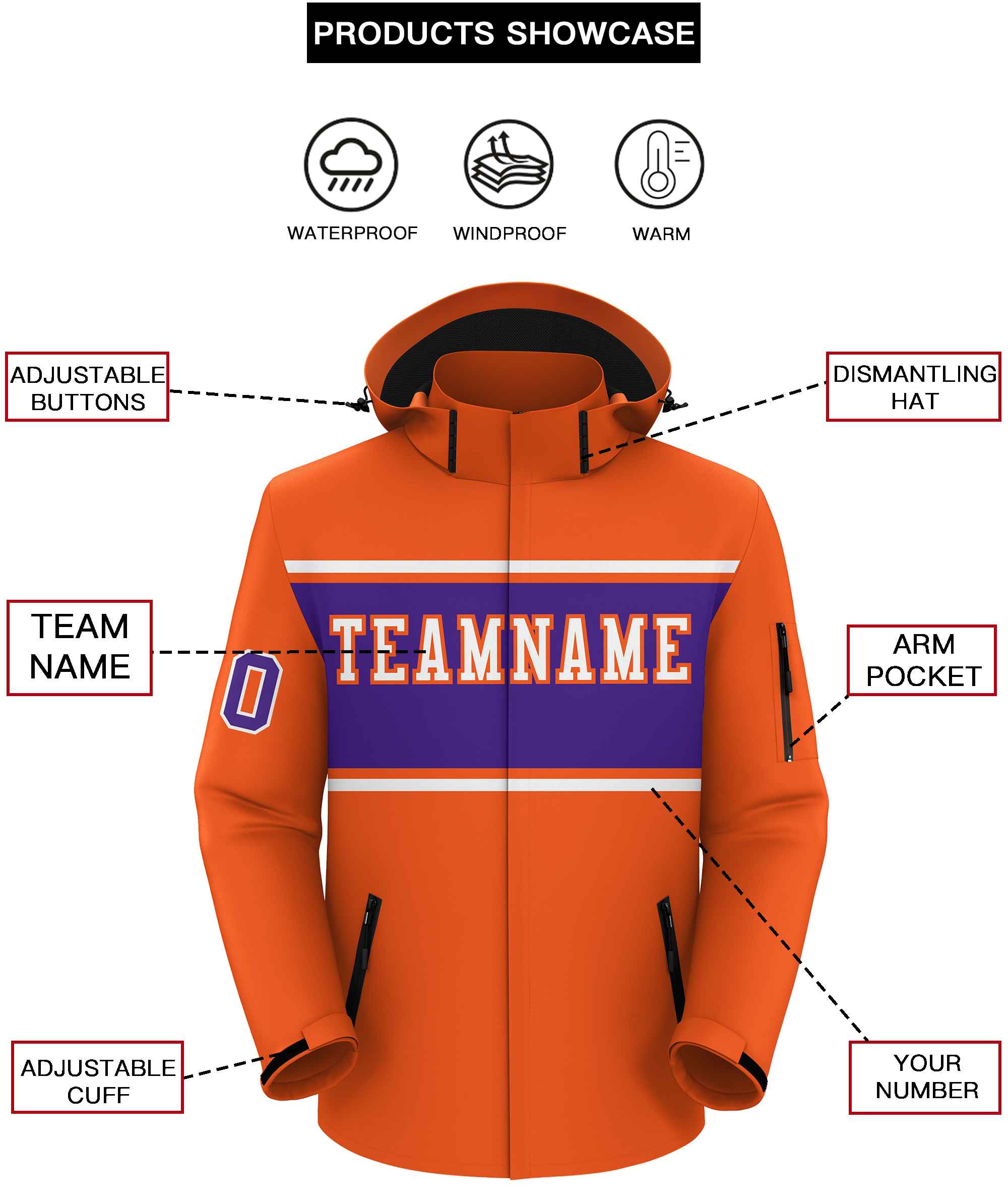 Custom Orange White-Purple Color Block Personalized Outdoor Hooded Waterproof Jacket